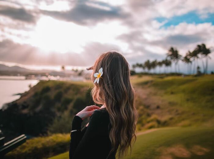 A person with long hair and a flower in it stands on a grassy hill, overlooking a scenic landscape with palm trees and a body of water at sunset.