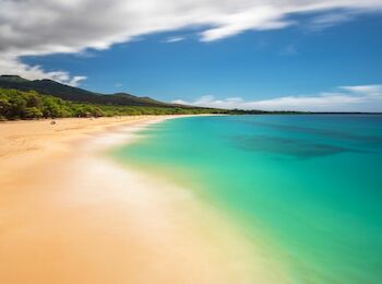 A pristine beach with golden sand, clear turquoise water, lush green trees, and a partly cloudy sky, creating a serene and inviting coastal scene.