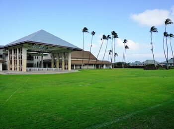A large, open green lawn with a modern structure featuring tall columns and a sloped roof, surrounded by palm trees under a clear blue sky.