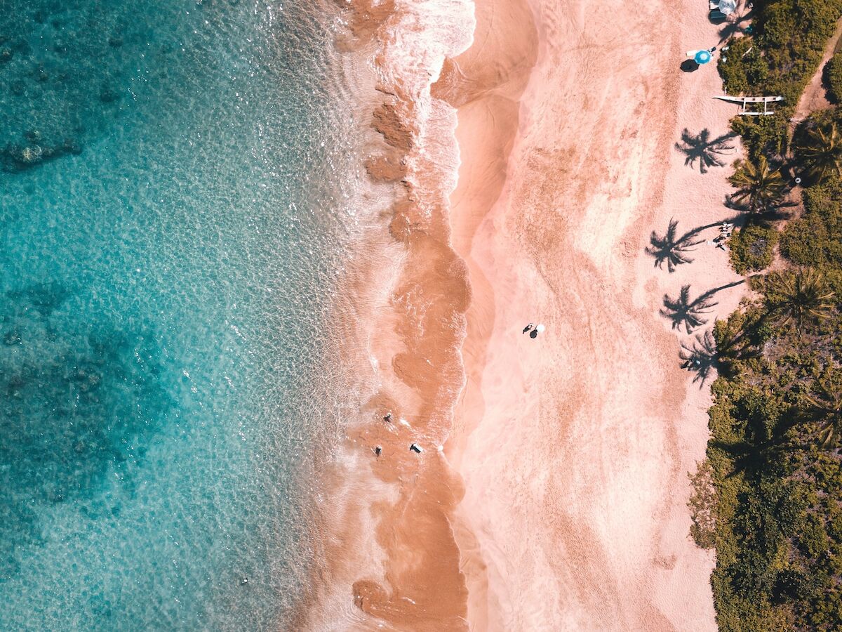An aerial view of a picturesque beach with clear turquoise water, pinkish sand, and scattered palm trees along the shoreline and lush greenery.