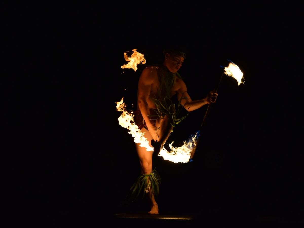 A person is performing a fire dance, twirling flaming objects in a dark setting. They have some foliage decorations on their body.