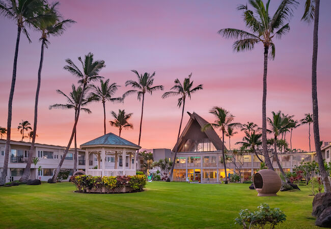 A serene outdoor setting with a lush lawn, palm trees, a gazebo, and modern buildings during a beautiful sunset with a pink and purple sky ending the sentence.